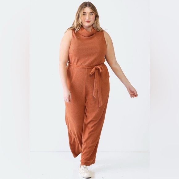 Gilli Plus Size Ribbed Sleeveless Turtle Neck Belted Jumpsuit - Picture 2 of 4